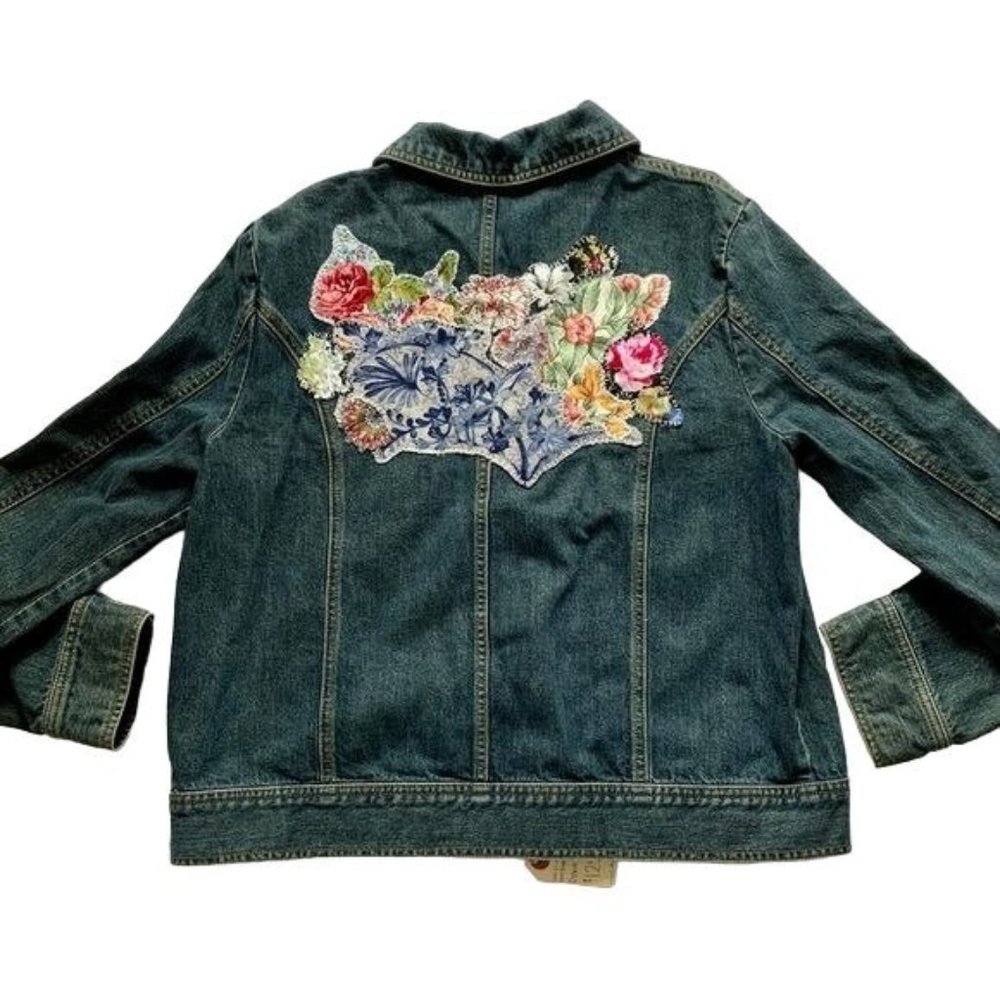 Custom Denim Jacket Floral Applique Large Handmade Art to Wear OOAK Cottage